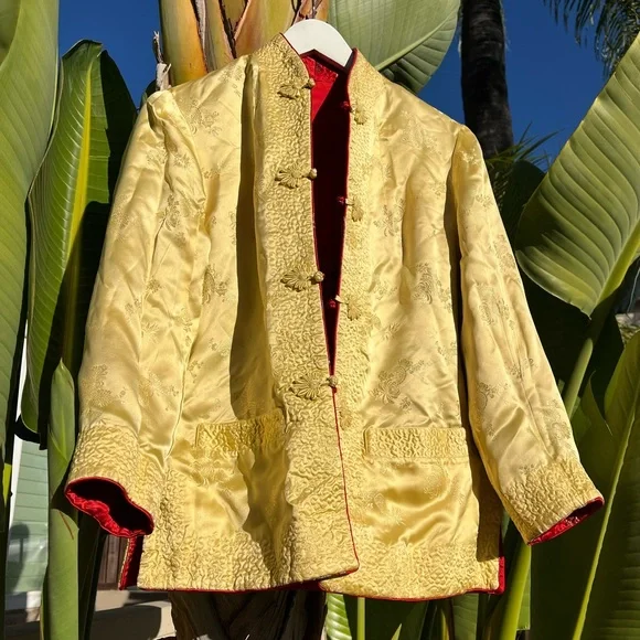 Jacquard Chinese Mandarin Collar Quilted Coat Pockets Reversible Jacket Silk - Picture 6 of 10